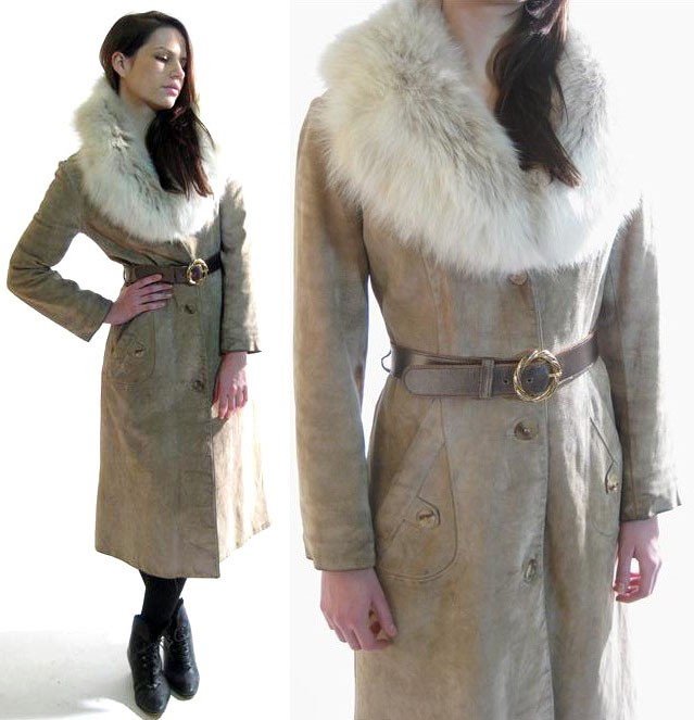 vintage 1970s suede coat with blue fox collar