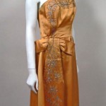 vintage 1950s gold satin embroidered cocktail dress