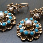 antique victorian pearl and turquoise 14k gold earrings