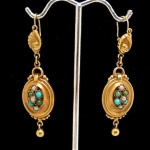 victorian 1880s pearl and turquoise 14k gold earrings