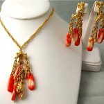 vintage trifari faux coral necklace and earrings