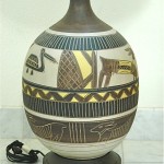 vintage midcentury hieroglyphic pottery lamp