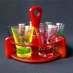 vintage shot glass set with bakelite stand