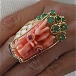 vintage 14k coral diamond emerald foo dog ring 1980s