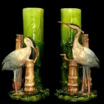 pair antique c. 1895 bretby pottery heron vases