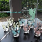 vintage pastel cocktail pitcher and glass set