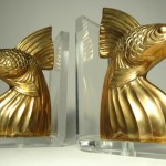 vintage 1970s brass and lucite koi bookends