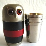 vintage midcentury leather owl shot glass travel kit