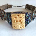 antique carved chinese silver filigree and enamel bracelet