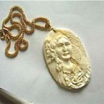 vintage carved ox bone cameo with diamond necklace