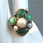 vintage chinese apple green jade and pearl 14k ring