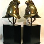 antique 19th century brass fireman helmet lamps