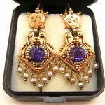 antique etruscan 14k amethyst seed pearl chandelier earrings