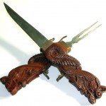 vintage carved wood dragon carving knife and fork set