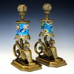 vintage french 19th century longwy bronze and pottery candlesticks