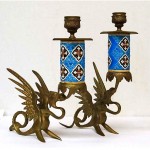 antique pair 19c longwy dragon griffin brass candlesticks z