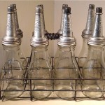 vintage set glass motor oil bottles with carrier