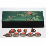 antique chinese coral silver enamel set with original box