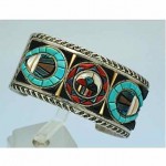 vintage 1970s zuni inlay turquoise silver bracelet