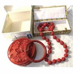 vintage chinese carved cinnabar lacquer necklace, bracelet and box
