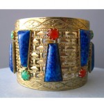 vintage egyptian revival lapis carnelian glass cuff brass bracelet z