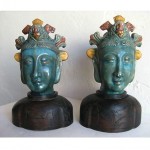 vintage chinese carved wood glazed pottery busts