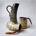 vintage 1950s cow horn and bamboo pitcher and beakers