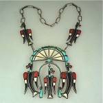 vintage zuni silver inlay peyote bird necklace