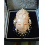 vintage carved coral buddha diamond sapphire ring
