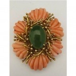 vintage 14k coral and jade pendant brooch