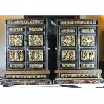 antique pair of chinese carved wood lacquer table shrine cabinets z