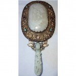 antique chinese gilt silver jade hand mirror