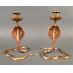 antique middle eastern incised polychrome brass cobra candlesticks z