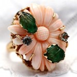 vintage 1900s art nouveau 14k carved coral emerald diamond ring