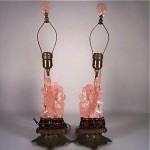 vintage 1930s pair of Chinese carved rose quartz and bronze table lamps