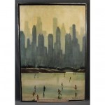 vintage 1964 nyc central park ice skating cityscape oil painting