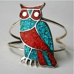 vintage sterling coral turquoise inlay owl bracelet