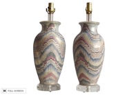 vintage 1970s pair of handpainted pastel porcelain lamps