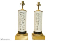 vintage pair of white reticulated chinoiserie lamps