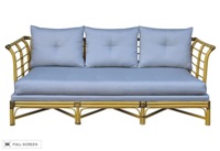 vintage reupholstered midcentury bamboo sofa