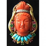 vintage 14k carved coral jeweled buddha rin