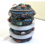 antique chinese solid silver gem enamel box with jade bangles