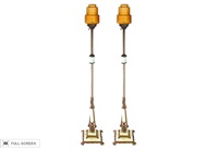 vintage pair of brass and jade floor lamps