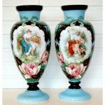 antique 1800s handpainted milk glass vases