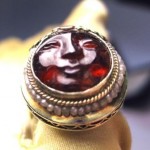 vintage 1920s 14k carved man in moon ring with seed pearls