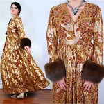 vintage 1970s silk brocade maxi gown with fox cuffs