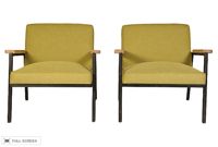 vintage pair of mid-century reupholstered refinished armchairs