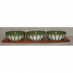 vintage set of midcentury caterhine holm enamelware lotus bowls on wood base