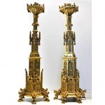 antique pair large gothic gilt brass candlesticks