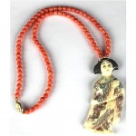 vintage chinese angelskin coral carved geisha girl necklace